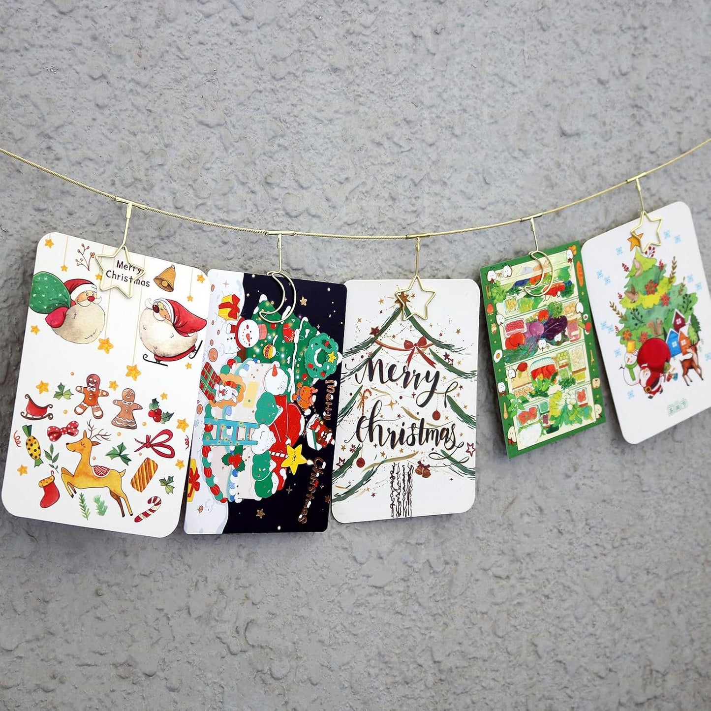 2 Pack Chain Photo Clip Hanging Photo Display Wall Photo Display Metal Photo String with 12 Clips Wall-Mounted Picture Holder for Hanging Painting Family Photos Artworks(Gold-Star and Moon)