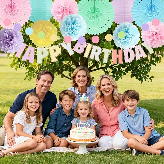 Pastel Birthday Decorations for Women or Girls - Pastel Happy Birthday Banner, Hanging Colorful Paper Lanterns and Fans, Tissue Paper Pom Poms, Rainbow Party Decorations Set
