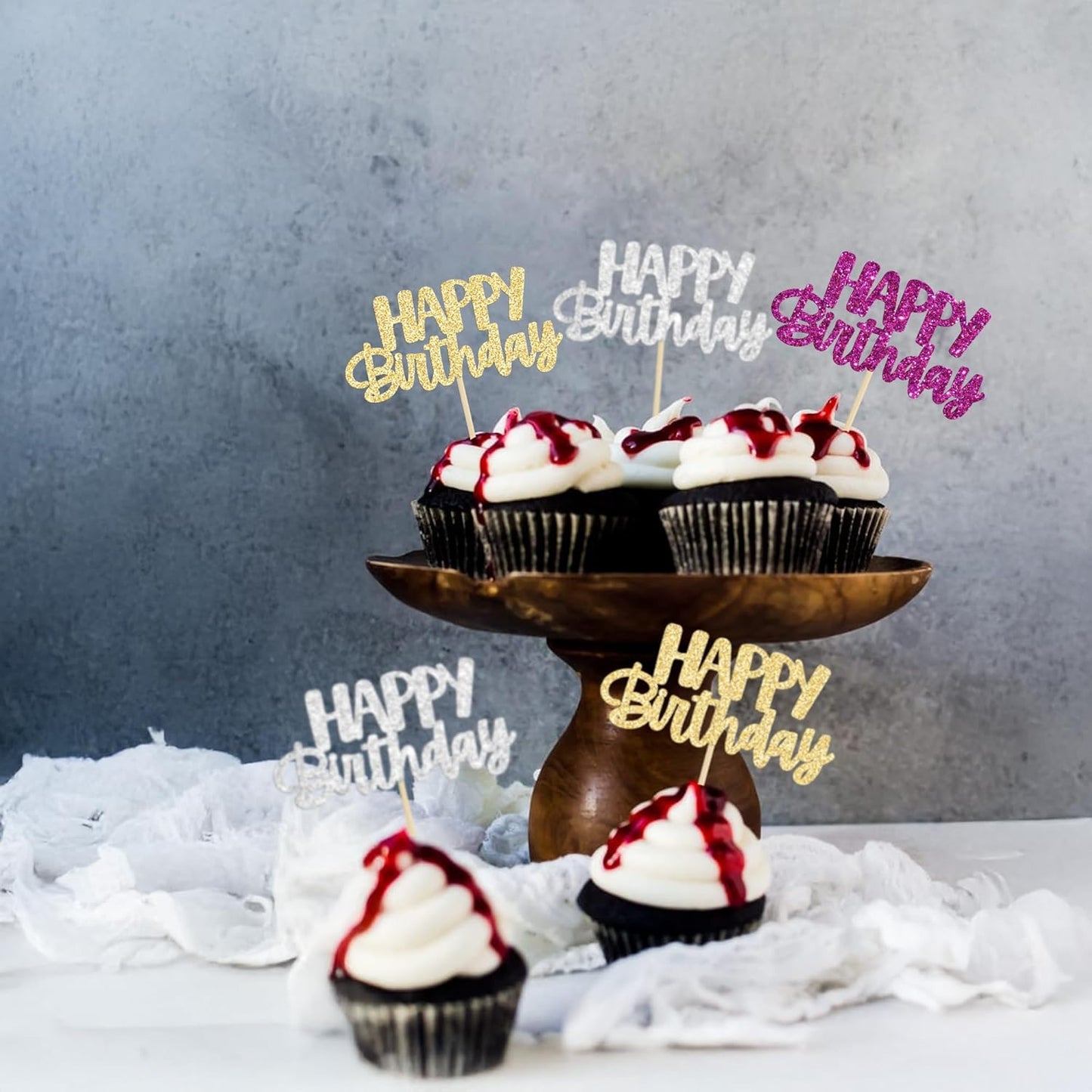 Gyufise 24Pcs Happy Birthday Cupcake Toppers Glitter Birthday Cupcake Food Picks for Celebrating Hunter Theme Party Cake Decorations Supplies Purple Gold Silver