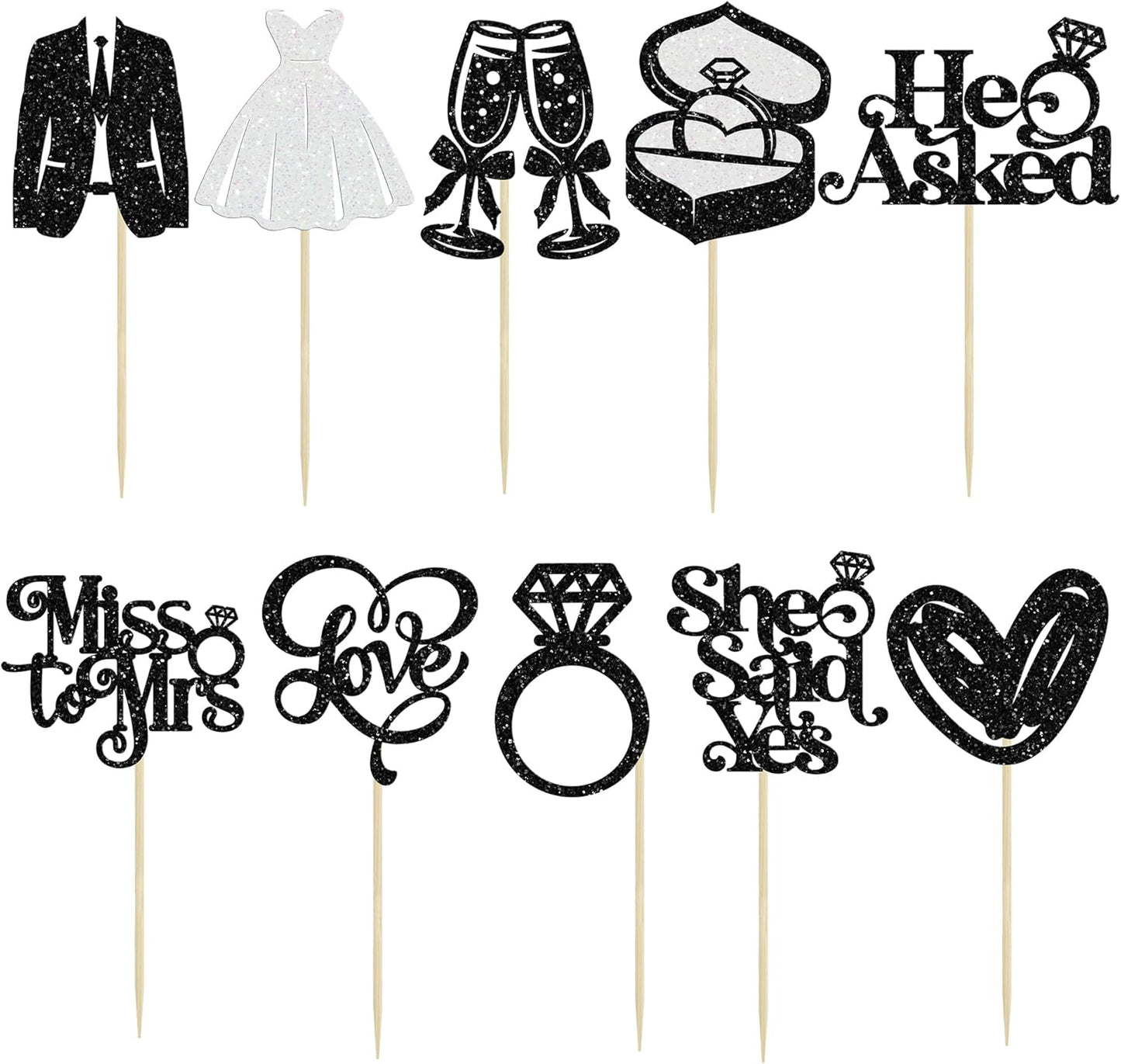 Gyufise 30Pcs She Said Yes Cupcake Toppers Glitter Diamond Ring I Do Love Cupcake Picks Miss to Mrs He Asked Bridal Shower Wedding Engagement Bachelorette Cake Decoration Black