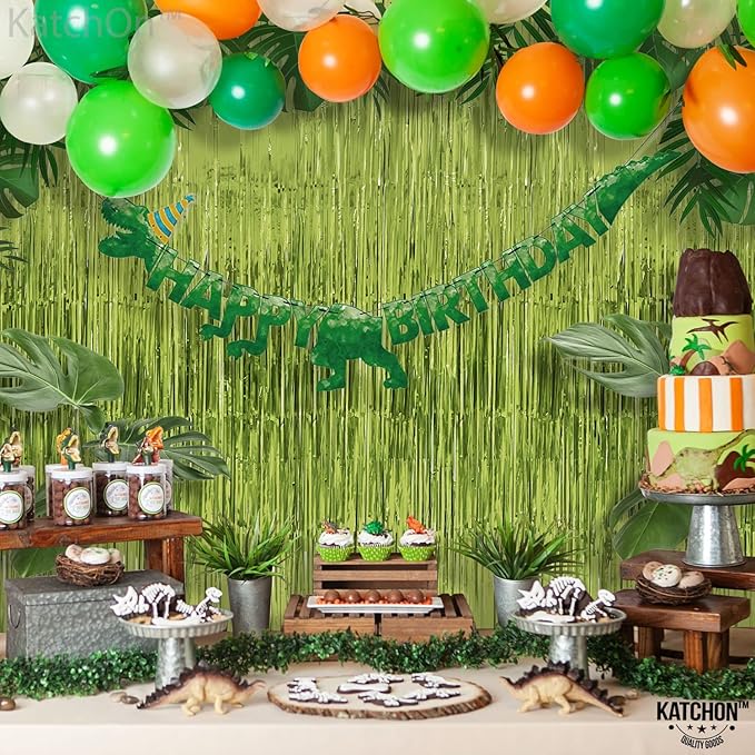 KatchOn, XtraLarge Sage Green Foil Fringe Curtain - 3.2x8 Ft, Pack of 2 | Sage Green Backdrop for Wild One Birthday Decorations | Streamer Backdrops for Jungle, Safari, Dinosaur Party Decorations
