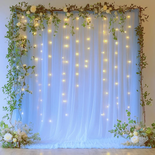 Baby Blue Tulle Backdrop Curtain with Lights String - 10x8ft Sheer Backdrop with 250 LEDs for Wedding, Baby Shower, Bridal Shower, Birthday Party Photo Shoot Background and Home Decorations
