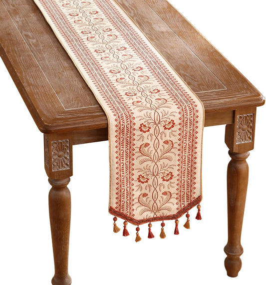 ISAENNE Designer Vintage Linen Table Runner 102 Inches Long,Red Floral Pattern Modern Decor Table Runners for Dining Tables,Thanksgiving,Kitchen Tables,Christmas,Banquet,12"*102"-Chamonix A