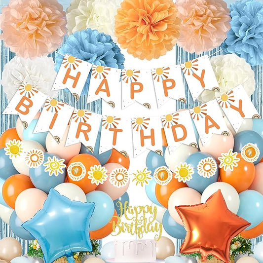 Blue and Orange Birthday Decorations Retro Sea Blue Teal Ivory Balloons Boho Sun Happy Birthday Banner Cake Topper Star Heart Foil Balloon Fall Autumn Sunshine 1st Birthday Party Décor Girl Boy