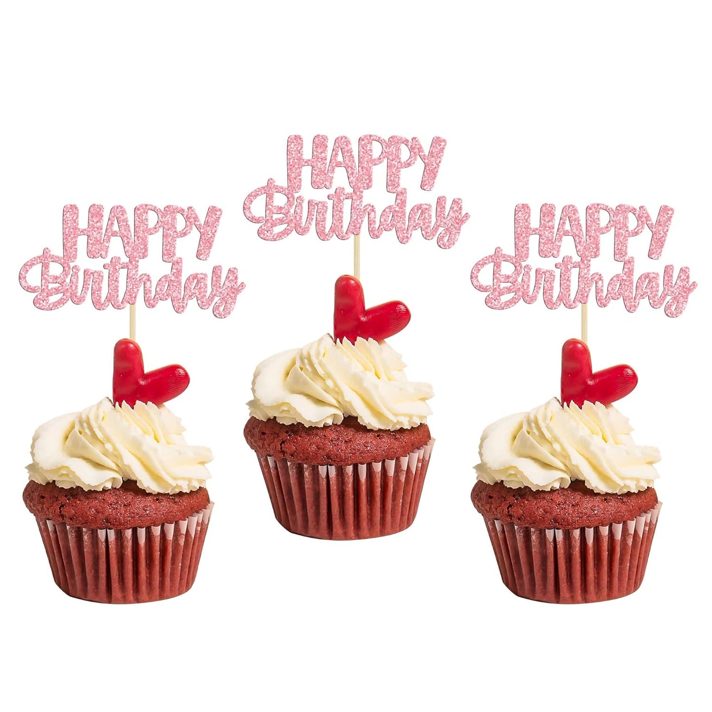 Gyufise 24Pcs Happy Birthday Cupcake Toppers Pink Glitter Celebrating Birthday Cake Picks Baby Shower Kids Birthday Party Decoration Supplies