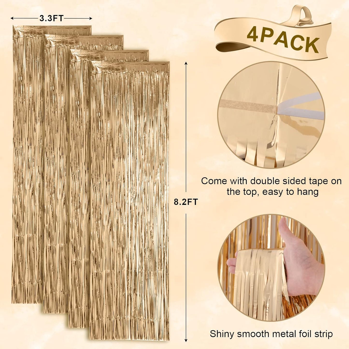 4 Pack Champagne Foil Fringe Backdrop Curtains, Tinsel Streamers Birthday Party Decorations, Fringe Backdrop for Graduation, Baby Shower, Gender Reveal, Disco Party