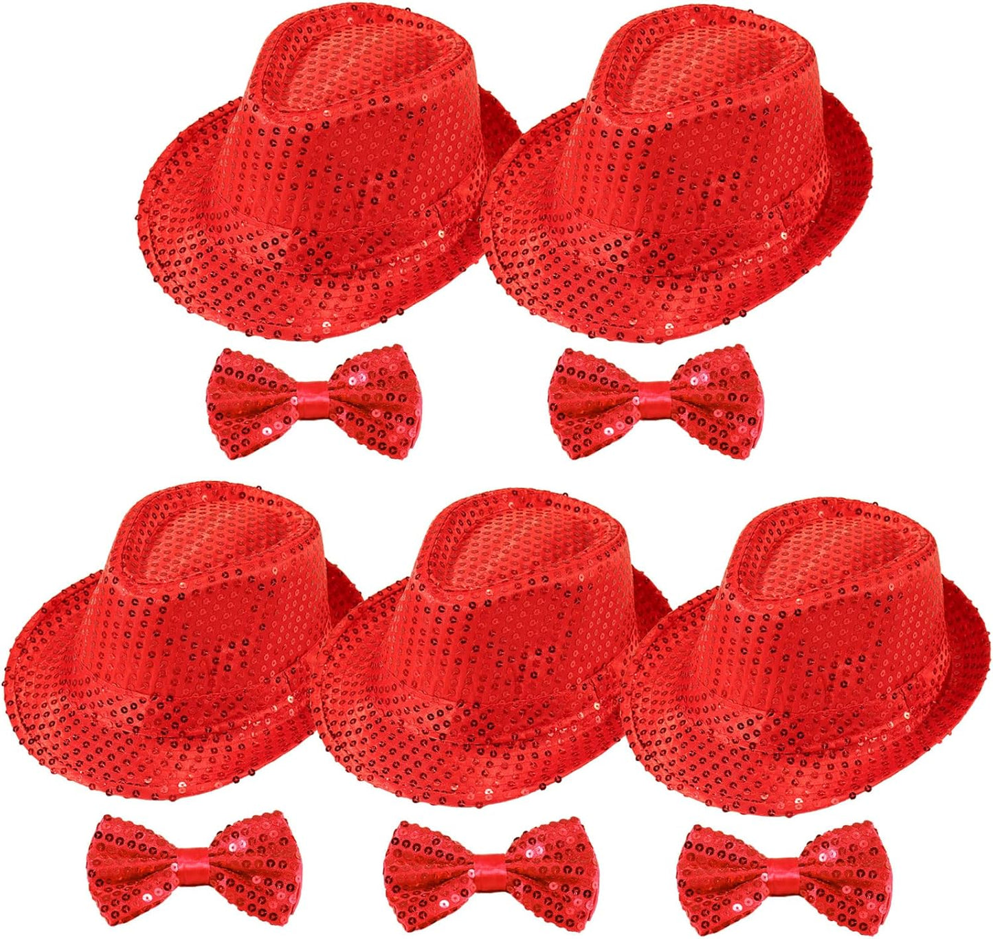 10 Pcs Unisex Sequin Fedora Hat Sequin Bow Ties Set Bling Retro Dance Jazz Cap Funky Party Costume Fedora