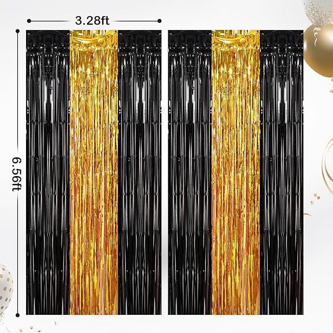 2 Pack Black Gold Metallic Tinsel Foil Fringe Curtains, Door Streamers Photo Booth Backdrop for Birthday Party, Tinsel Curtain Backdrop for Baby Shower Bachelorette Christmas Party Decorations
