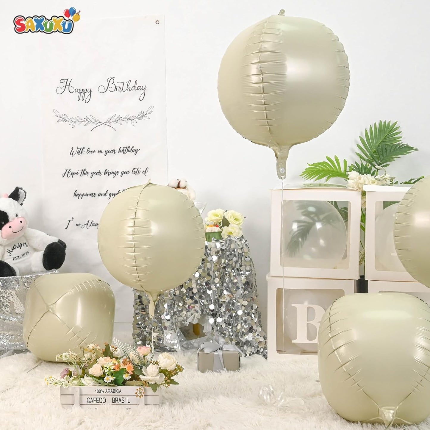 Beige Giant Foil Balloons, 6Pcs Large Metallic Cream Round Balloons, 22 Inch Big Round Foil Balloon for Cream Birthday Party Baby Shower Wedding Decorations