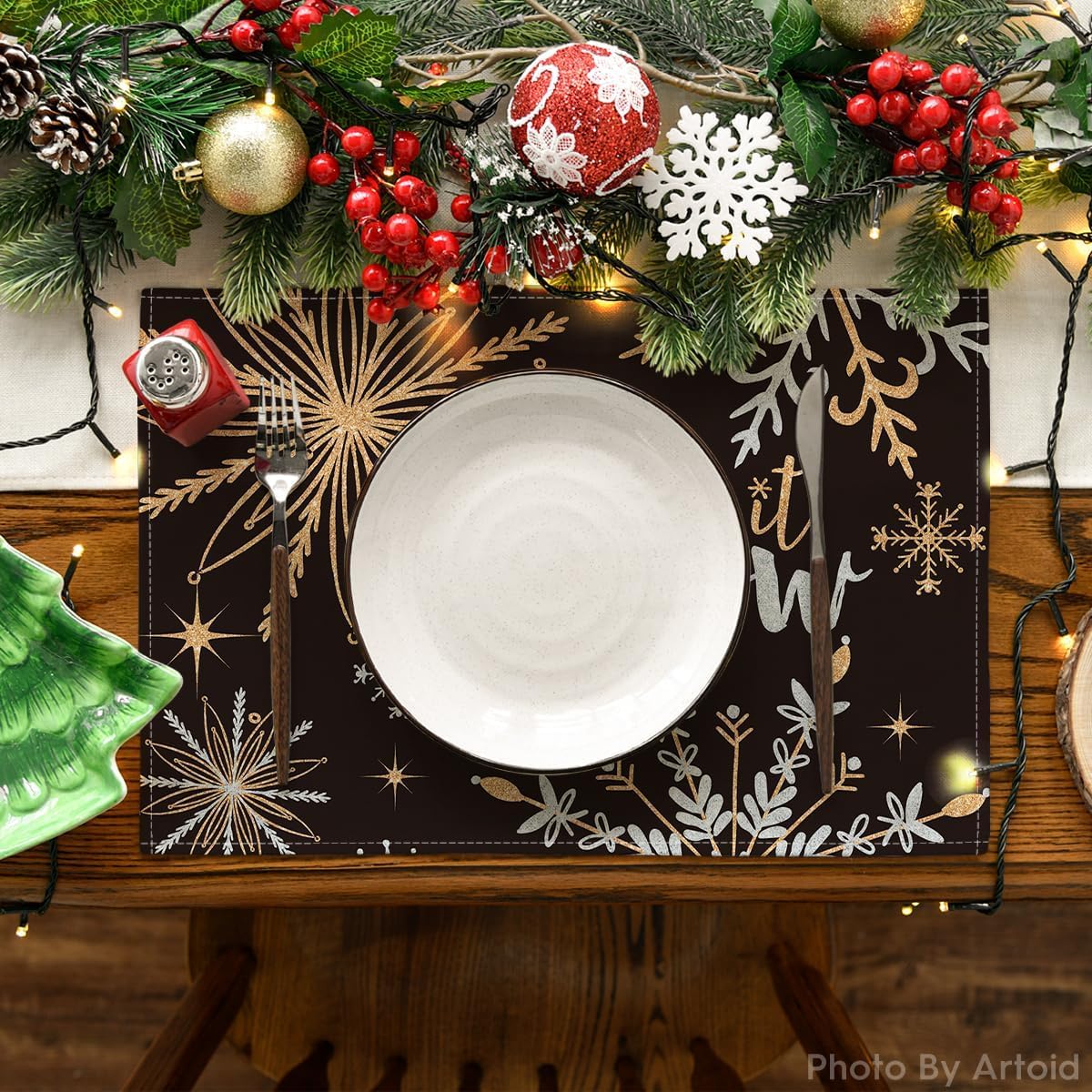 Artoid Mode Black Snowflake Let It Snow Winter Placemats Set of 4, 12x18 Inch Seasonal Christmas Table Mats for Party Kitchen Dining Decoration