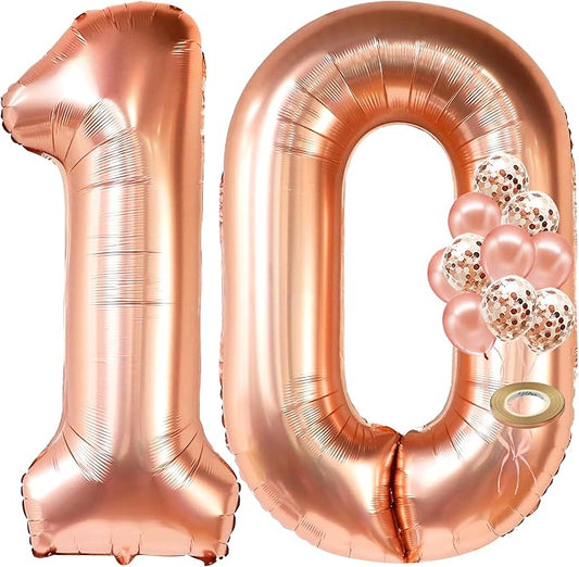 KatchOn, Giant 10th Rose Gold Balloon Number - 40 Inch | Rose Gold 10 Balloon with Confetti Balloons | Rose Gold 10th Happy Birthday Decorations for Girls | 10th Anniversary Decorations