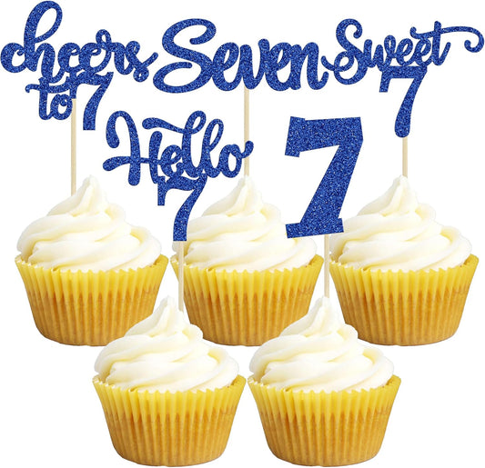 30Pcs 7th Birthday Cupcake Toppers Glitter Seven Happy 7 Cupcake Picks Cheers to 7 Years Old Cake Decorations for 7th Birthday Party Supplies Deep Blue