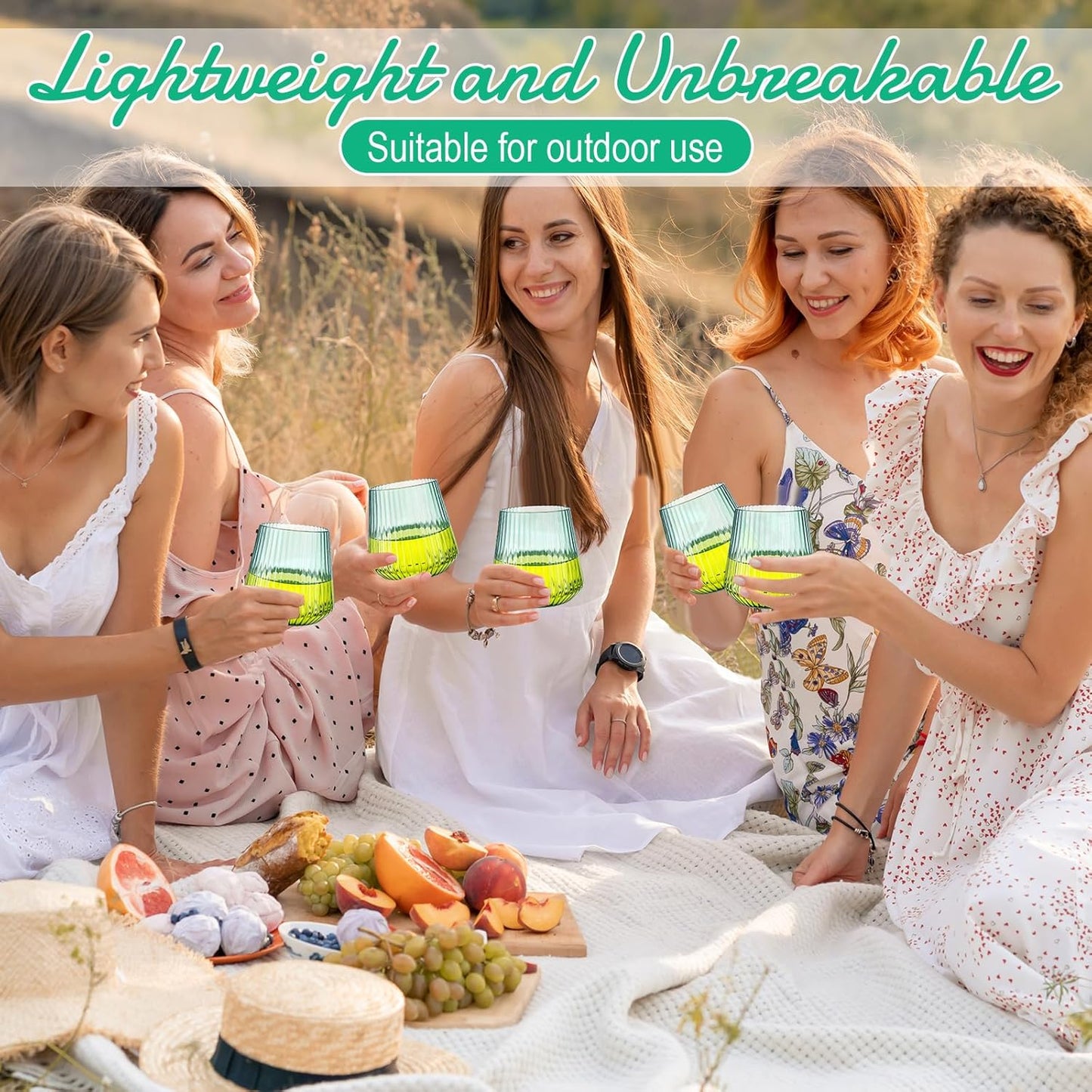 Suclain 50 Pcs Plastic Wine Glasses Ribbed Stemless Wine Glasses 14oz Vertical Design Unbreakable Cups for Outdoor Indoor Vintage Elegant Champagne Whiskey Cups for Party Wedding (Green)