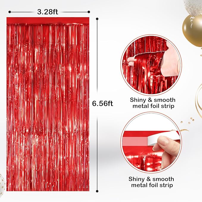 2 Pack Red Metallic Tinsel Foil Fringe Curtains, Door Streamers Photo Booth Backdrop for Birthday Party, Tinsel Curtain Backdrop for Christmas, Wedding, Anniversaries, Valentines Day Decorations