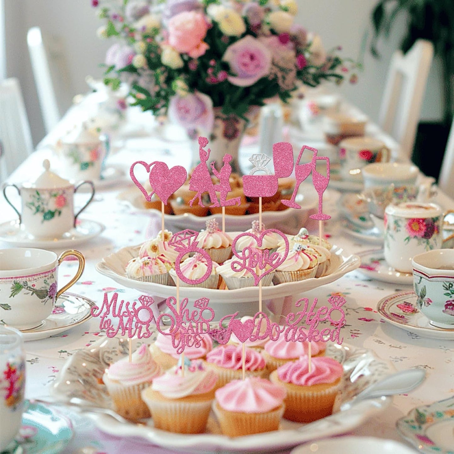 30 PCS He Asked She Said Yes Cupcake Toppers Glitter Engagement Cupcake Toppers Miss to Mrs I Do Love Heart Ring Miss to Mrs Cupcake Picks for Wedding Engagement Party Cake Decorations Supplies Pink