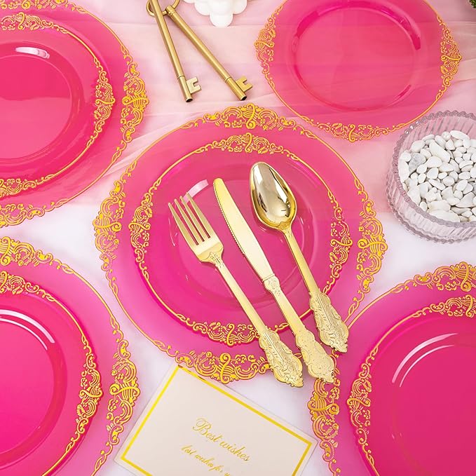 125PCS Hot Pink Plastic Plates - Clear Pink Gold Disposable Plates - Hot Pink Party Plate with Gold Plastic Silverware Set for 25 Guests for Wedding Party Birthday Valentine's Day