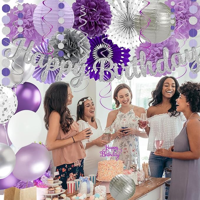 Purple Silver Birthday Party Decorations Kit with Happy Birthday Banner, Paper Lanterns, Streamers, Tissue Pom Poms, Honeycomb Flower Fans, Silver and Purple Balloons, & More for Women Girls' Party