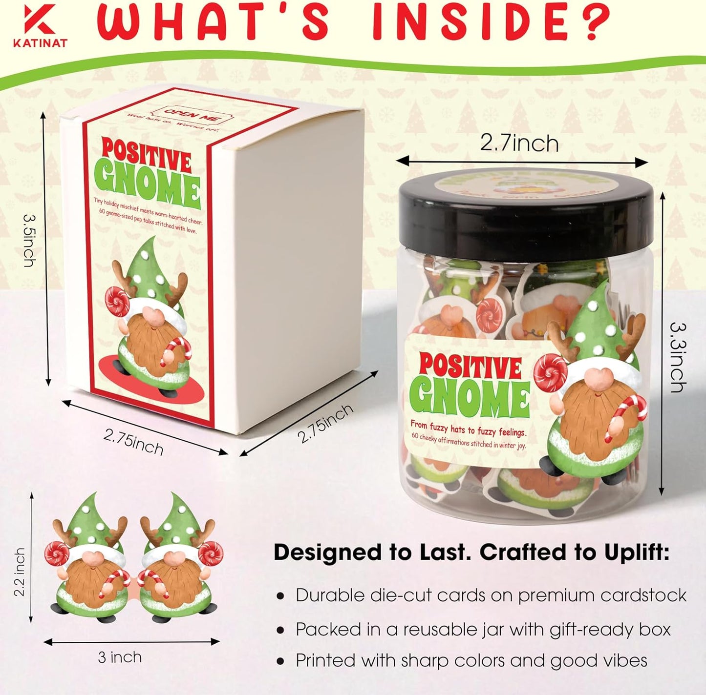 Positive Gnome Jar – 60 Funny Emotional Support Gnome, Christmas Gifts for Teens, Women, Men, Coworkers, Teachers, Sisters, Friends – Christmas Gnome Gifts for Women, Teens, Kids