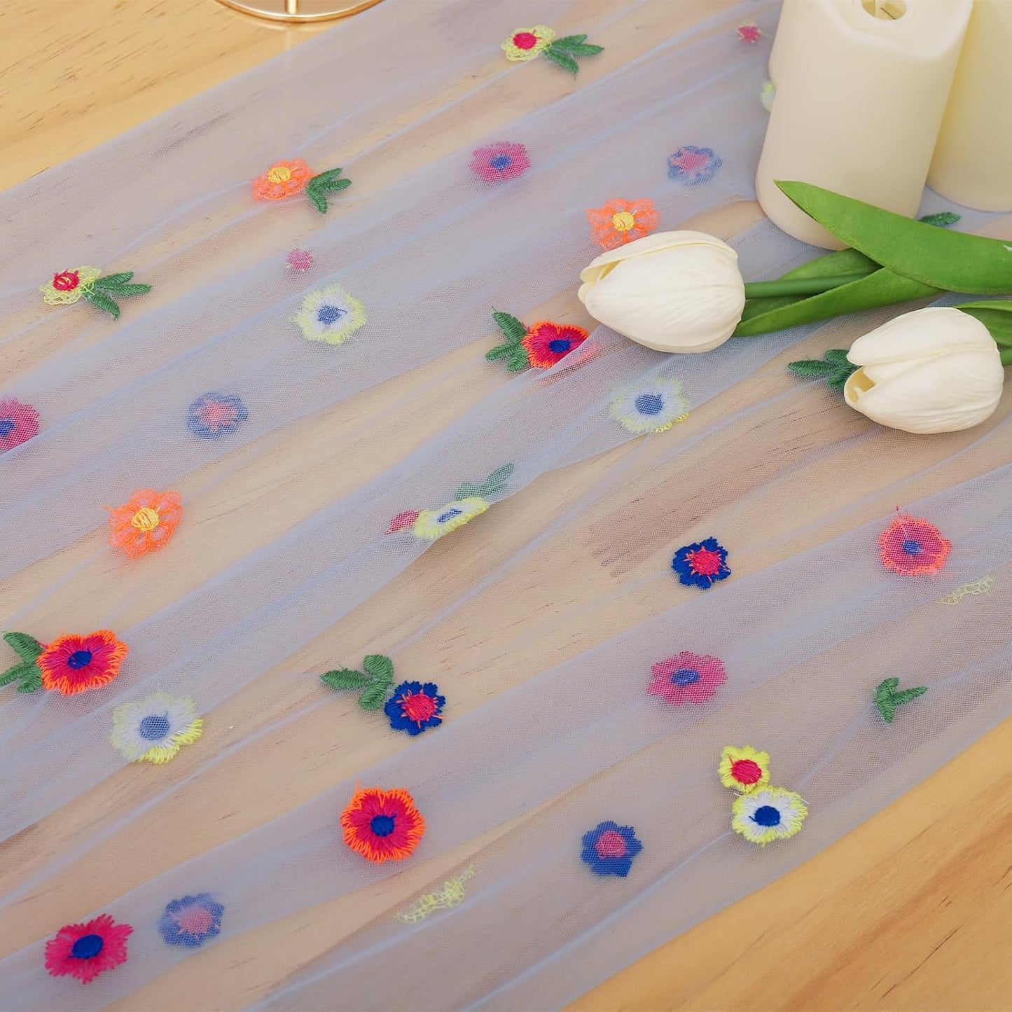 BINBE 6pcs Daisy Fall Table Runner Embroidery Gauze 10FT Florals Seasonal Tulle Holiday Birthday Kitchen Dining Table Decor for Home Party Blue