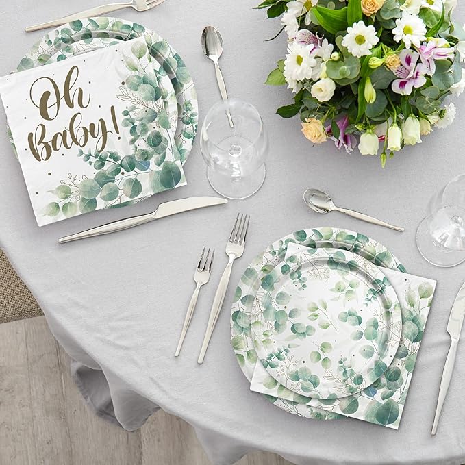 Sage Greenery Baby Shower Party Supplies Disposable Paper Plates Napkins Cups for Boho Greency Party Decorations, Serve 16.