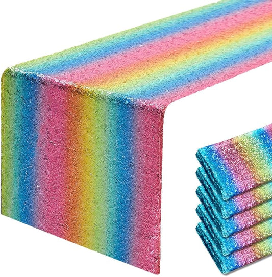 6 Packs 12 x 72 inches Rainbow Sequin Table Runner, Glitter Runner for Birthday Party Supplies Decorations Wedding Bachelorette Holiday Celebration Bridal Shower Baby Shower