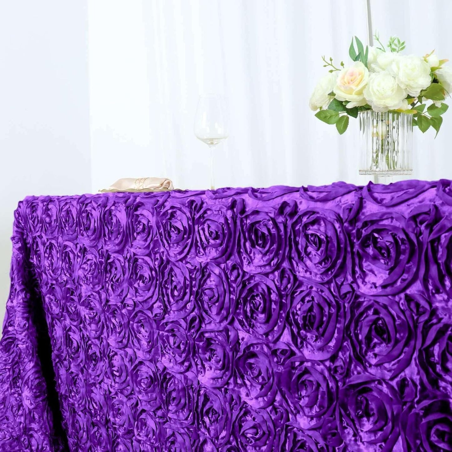 Efavormart 90"x156" Wholesale Rectangle Table Cover Purple Grandiose Rosette 3D Satin Tablecloth for Wedding Party Event Decoration