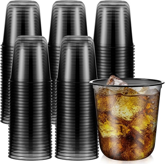 100 Pcs Disposable Stemless Glasses 12oz Crystal Plastic Wine Glasses Clear Classic Pet Cup for Meeting Weddings Birthdays Cocktail Christmas Party Supplies (Black)
