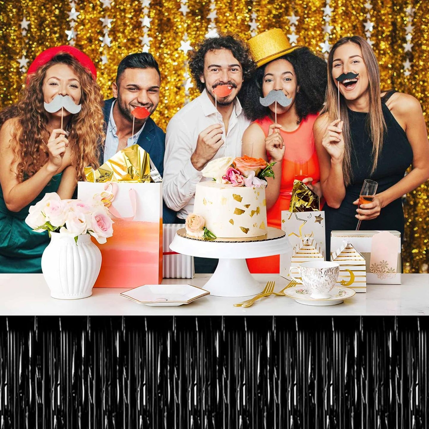 3 Pack 29 x108 Inch Black Foil Fringe Table Skirts Metallic Banner for Tinsel Streamer Garland Backdrop for Parade Floats Mother's Day, Graduate, Birthday, Wedding Party Decoration