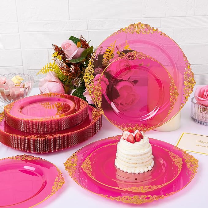 125PCS Hot Pink Plastic Plates - Clear Pink Gold Disposable Plates - Hot Pink Party Plate with Gold Plastic Silverware Set for 25 Guests for Wedding Party Birthday Valentine's Day