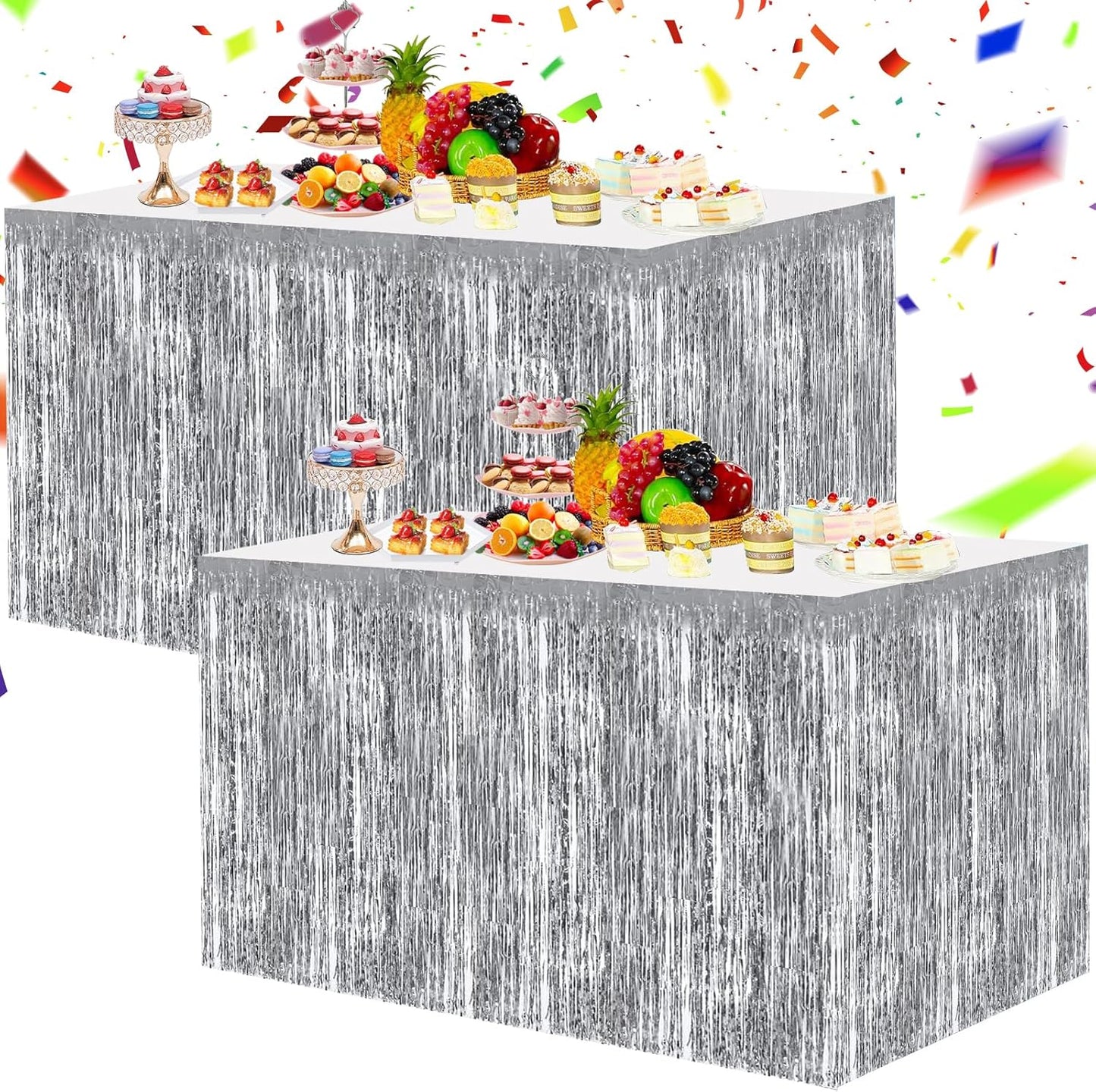 BEISHIDA 2 Pack Silver Table Skirts Party Decorations Metallic Tinsel Foil Fringe Table Skirts Table Decors for Rectangle and Round Table Birthday Holiday Party Cartoon Party