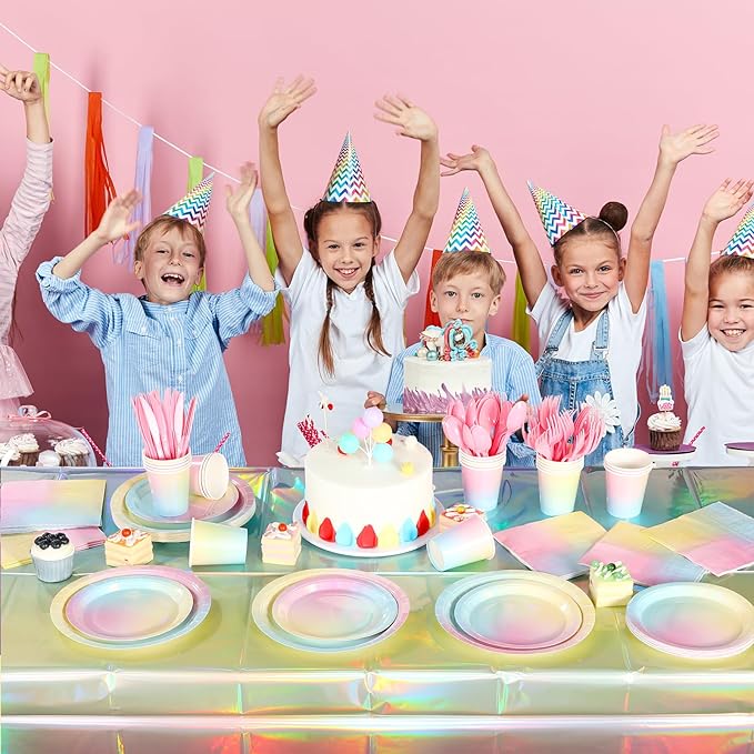 Iridescent Pastel Rainbow Party Decorations Serve 100, Holographic Pastel Paper Plates and Napkins, Disposable Iridescent Rainbow Party Plates Cups Napkins for Girls Birthday Wedding Baby Shower Party