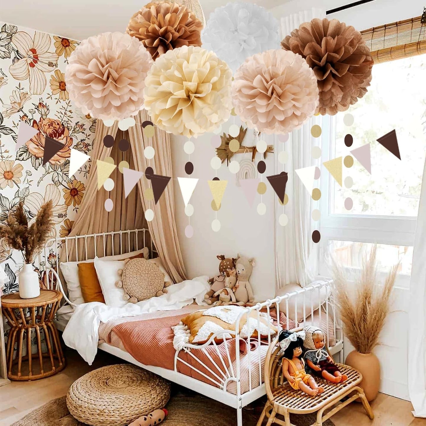 Boho Baby-Shower White-Brown Champagne Party-Decorations - 28pcs Neutral Birthday Wedding Bridal Tissue Pom Poms Streamers, Fall Autumn Tassel Garland Banner, Engagement Christmas Decor Ouruola