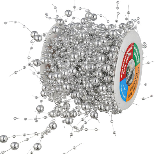 13Feet Pearl String Spool Roll for Floating Candles Faux Pearls Strands Garland for Vase Filler Wedding Centerpiece Christmas Table Decor (Silver)
