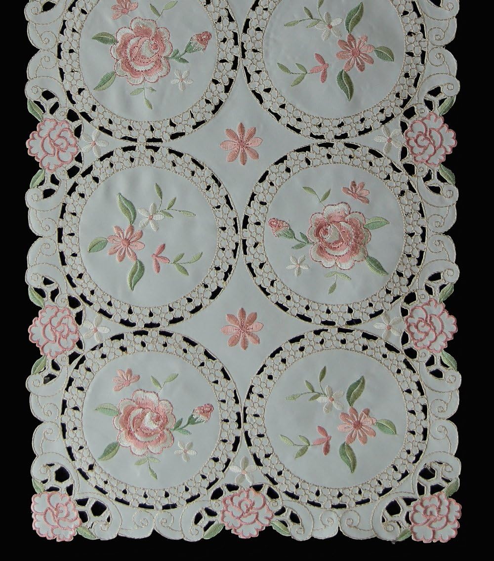 Creative Linens Embroidered Pink Rose Daisy Floral Table Runner Dresser Scarf 15x33 Ivory Spring