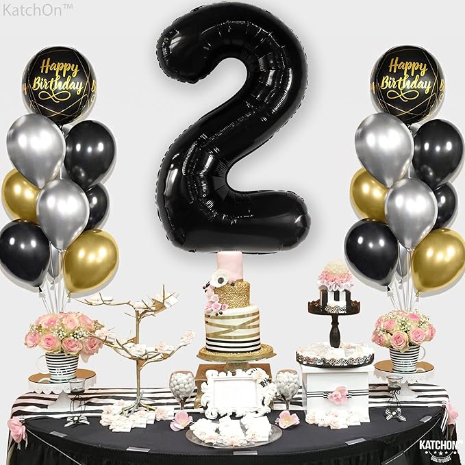 KatchOn Giant Black Number 2 Balloon - 40 Inch | Black 2 Balloon Number, Two Cool Birthday Party Decorations Boy | Black Two Balloon, 2nd Birthday Decorations for Boys