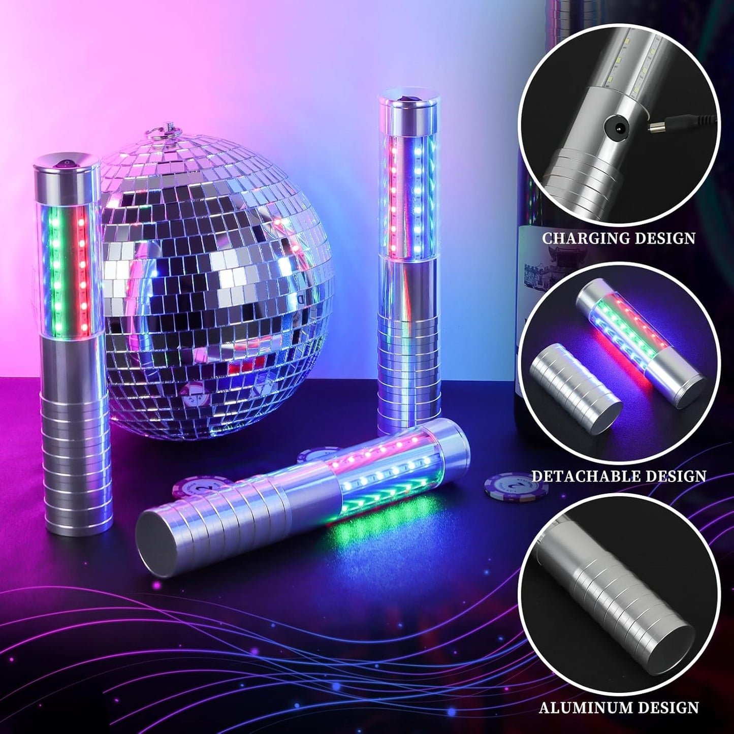 4 Pieces RGB LED Strobe Baton Light Rechargeable Bottle Service Sparklers Stick Reusable Champagne Bottle Handheld LED for Club Stage Nightclub Party Concert Event Bar Outdoor - Silver