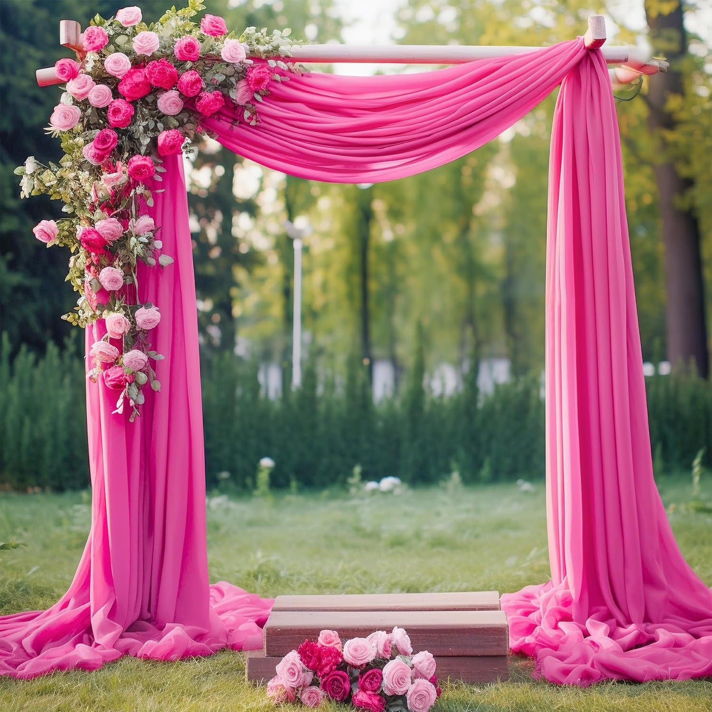 Wedding Arch Draping Fabric,2 Panels 18FT Hot Pink Sheer Chiffon Curtain Drapes 6 Yards for Wedding Ceremony Birthday Party Decoration