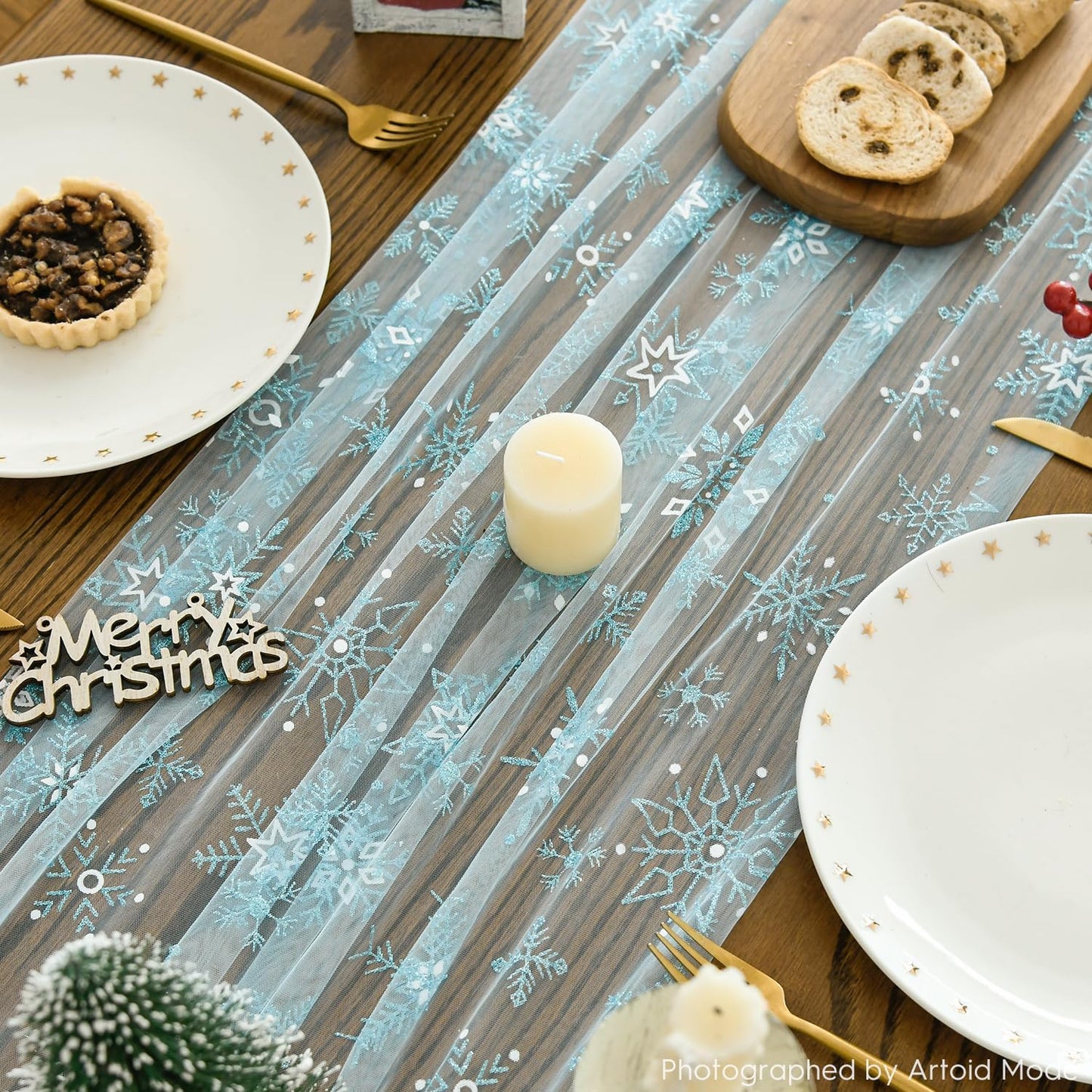 Artoid Mode Blue Snowflakes Christmas Gauze Table Runner 120 Inch 10FT, Winter Seasonal Sheer Dining Holiday Wedding Table Decor for Home Party