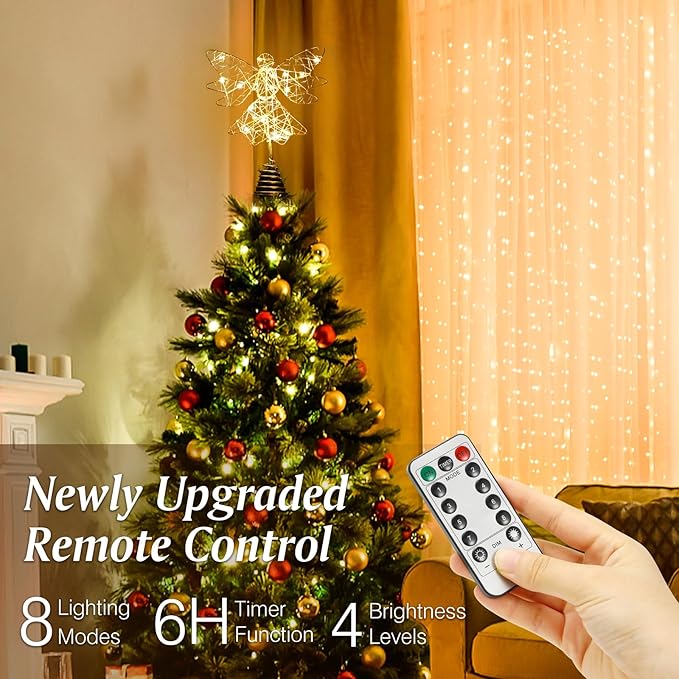 Lewondr Christmas Tree Topper Angel, USB Powered Remote Controlled 9.8 Inch Glittering Angel Christmas Tree Topper, 6H Timer Christmas Tree Angel Topper with Lights for Xmas Home Holiday Party, Gold