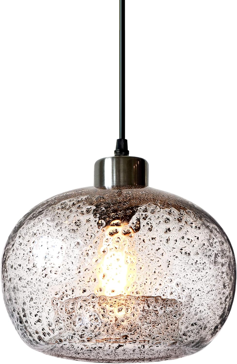 CASAMOTION Pendant Lighting Handblown Glass Drop Ceiling Lights, Modern Rustic Hanging Light Clear Seeded Glass with Black Sand Powder, Brushed Nickel Finish 8.7 Inch Diameter