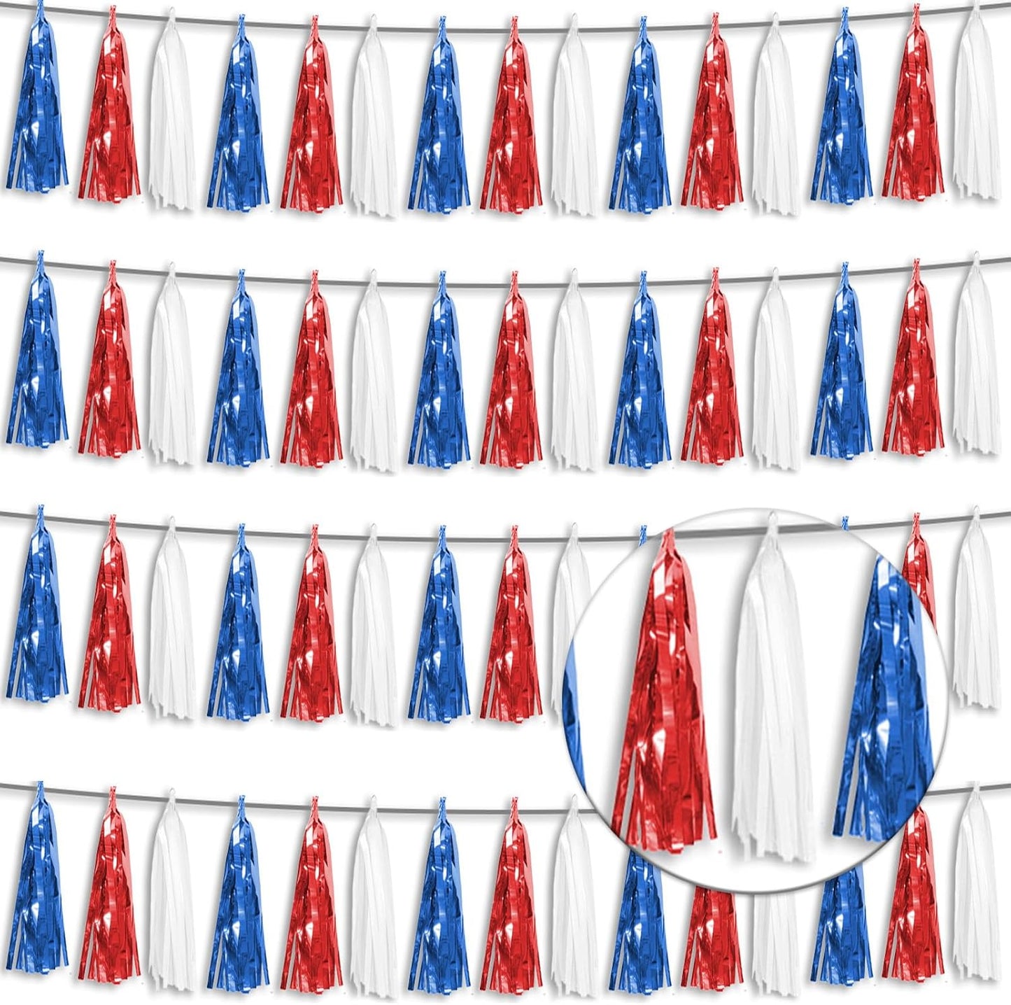 4P Metallic Fringe Tassel Banner Garland Foil Tinsel Streamer Wall Curtain Backdrop for Parade Floats, Graduation, Independence Day, 4th of July, Patriotic Themed Party Decoration(White Blue Red)