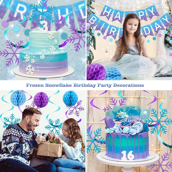 meowtastic Frozen Birthday Party Decorations - Happy Birthday Banner with Honeycomb Balls, Snowflake Hanging Swirls Streamers, Circle Dots Garland Decorations - Party Decor for Boys Girls (Frozen)