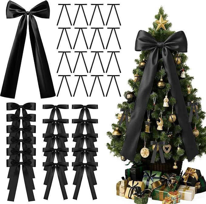 36Pcs Black Satin Christmas Bows, Christmas Tree Topper Bow Door Garland Decorations Home Party Wedding Car Gift Cake Holiday Decor Supplies