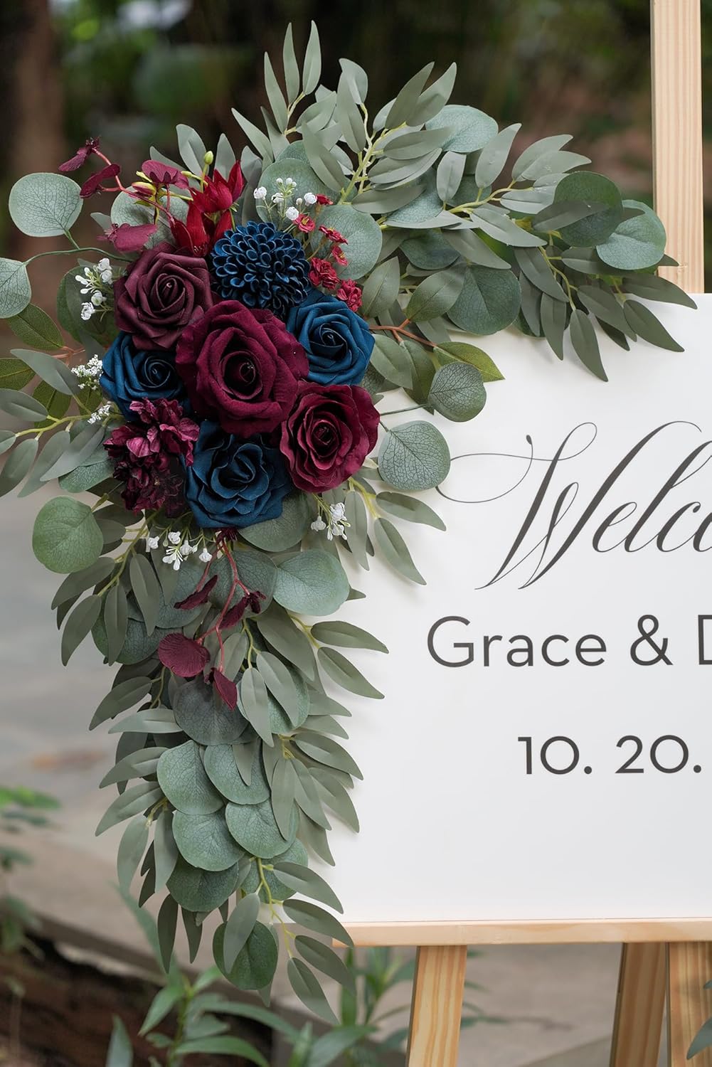 Navy and Burgundy Flower for Wedding Welcome Signs Decorations, Artificial Burgundy Wedding Arch Flowers for Wedding Ceremony (Set of 2)
