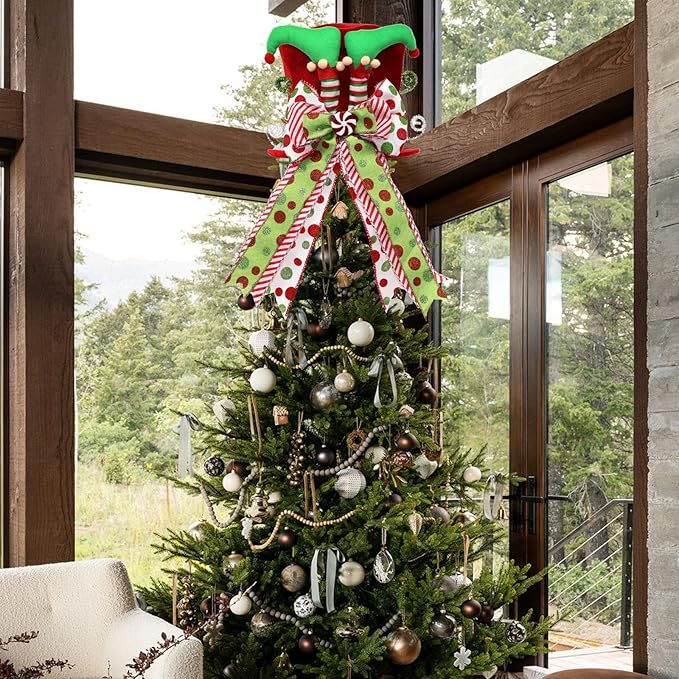 Christmas Tree Topper Hat with Bow, Velvet Top Hat Ornament with Elf Legs and Red & Green Wired Bows, Winter Holidays Xmas Decor for Home Decoration (Red)