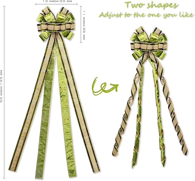 Christmas Tree Topper Bow，53 x 13 Inches Velvet Large Christmas Bow Decor with Long Glittering Streamer Line，Xmas Decorations for Tree Wreath Door Festival Home(Olive Green & Gold Line)