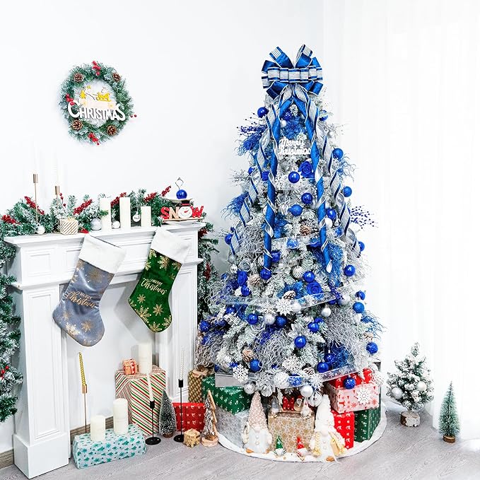 Christmas Tree Topper Bow，53 x 13 Inches Velvet Large Christmas Bow Decor with Long Glittering Streamer Line，Xmas Decorations for Tree Wreath Door Festival Home(Blue & Silver Line)
