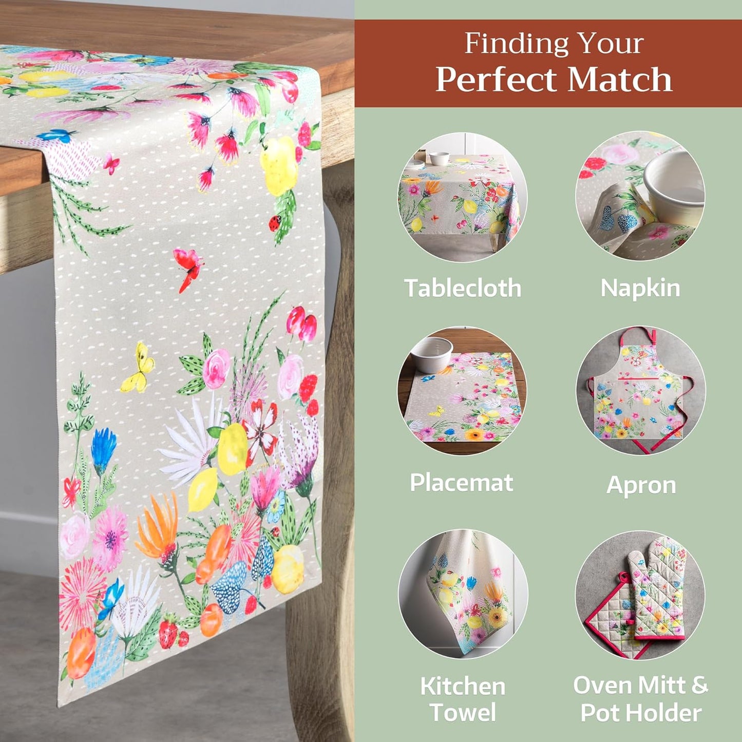 Maison d' Hermine Table Runner 100% Cotton Single Layer Table Runners 108 inches Long Decorative for Home Kitchen Dining Party Wedding Bridal Shower Spring Summer (Jardin D'Ete - Fog, 14.50" x 108")