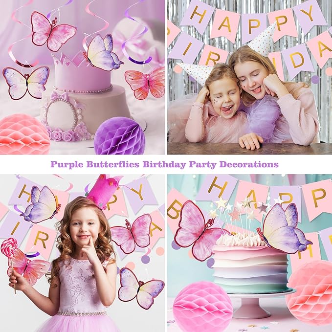 meowtastic Birthday Decorations, Happy Birthday Banner with Honeycomb Balls, Butterfly Hanging Swirl Streamers, Circle Dots Garland, Happy Birthday Party Decorations for Women Girls (Purple & Gold)
