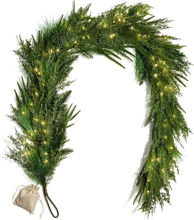 LampLust Mantle Garland with Lights Battery Operated, 6 Ft Realistic Norfolk Pine Greenery Garland for Mantle All Year Round, 100 LED Lights with Timer, Table Top Decor for Dining Table